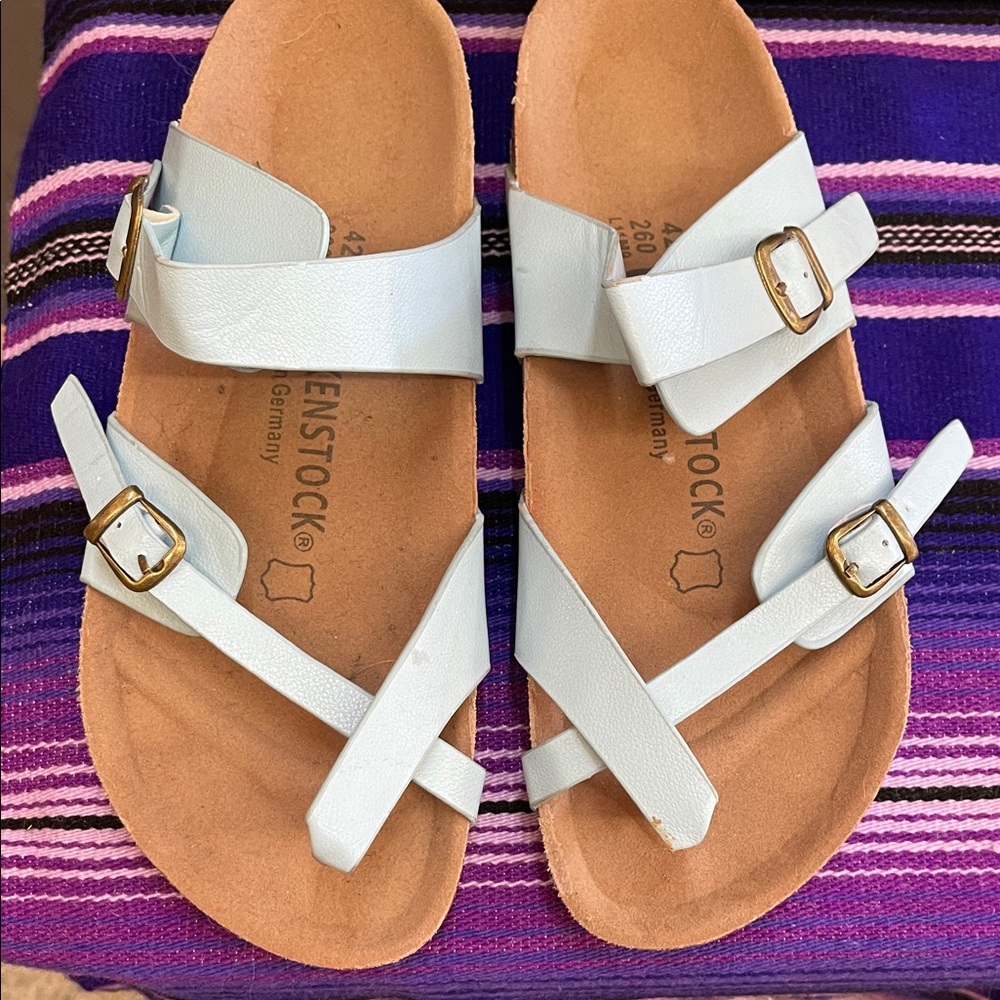 Birkenstock Light Blue and Purple Leather Buckle Sandals